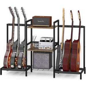 Guitar Stand 6 Space for Multiple Guitars, Multi Guitar Rack for Acoustic, Electric Guitar, Bass, Ukuleles, Guitar Amp Accessories, 29H Back Rack Guitar Display for Home Music Studio (Brown)