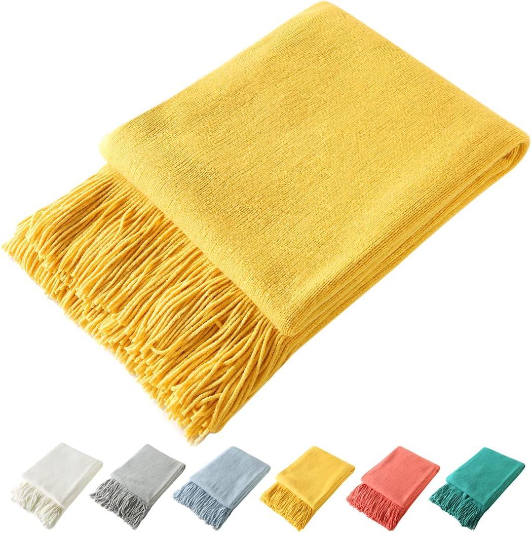 Homiest Decorative Knitted Throw Blanket with Fringe Soft & Cozy Tassel Blanket for Couch Sofa Bed (Yellow,50x60)