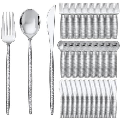SUT 300PCS Silver Plastic Silverware Set - Disposable Utensils Include 100 Knives, Forks and Spoons - Hammered Cutlery for Party