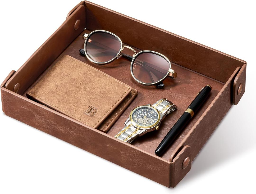 Catch All Valet Tray - EDC Organizer for Key, Wallet, Watch, Jewelry, Phone, coin change | Faux Leather Storage Tray for Dresser, Nightstand, Desk, Entryway, Travel Storage | Brown