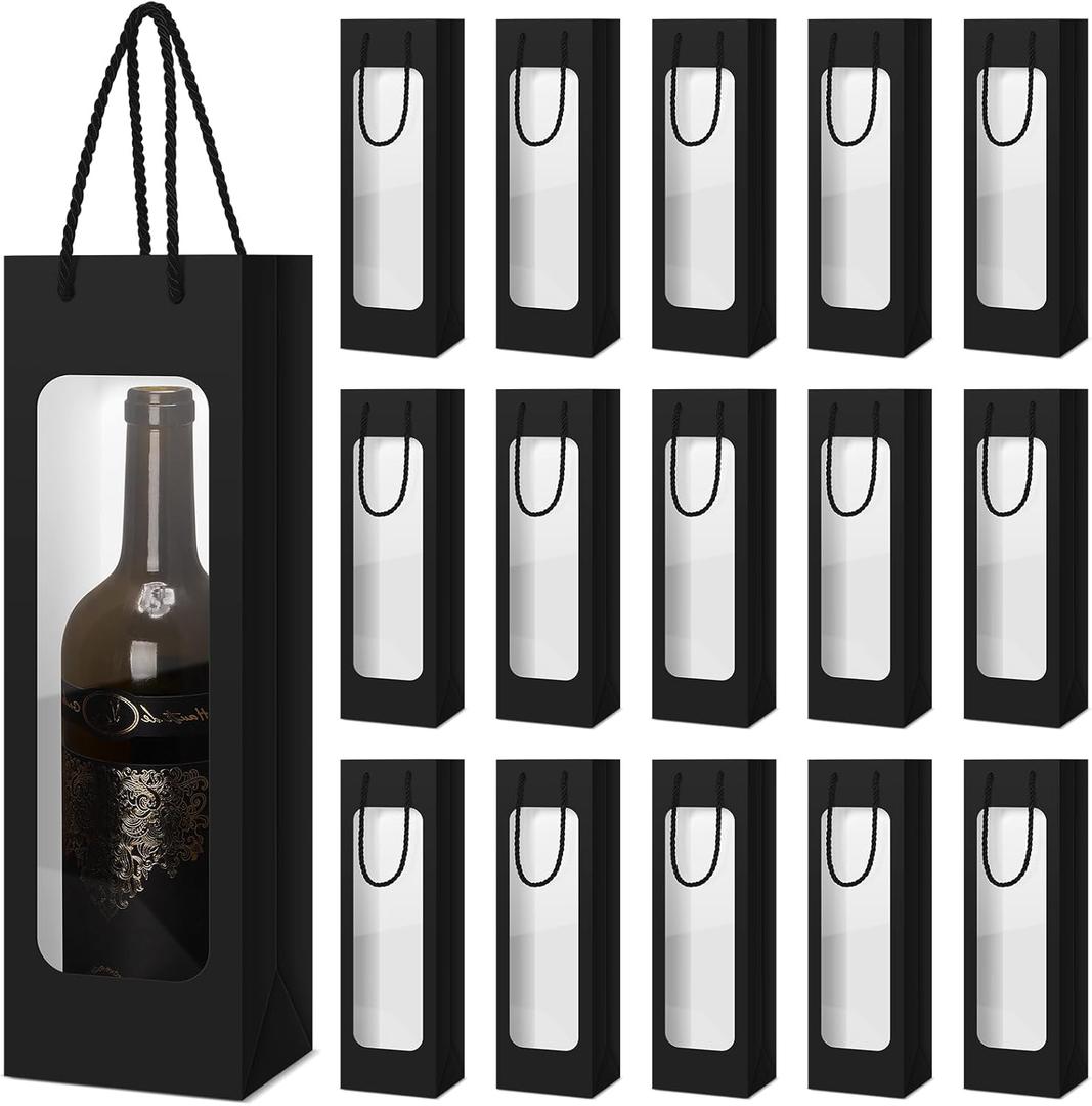 Tioncy 24 Pcs Single Wine Bottle Gift Bag Bulk Wedding Champagne Boxes with Clear Window Handles Reusable Holiday Party Favor(Black)
