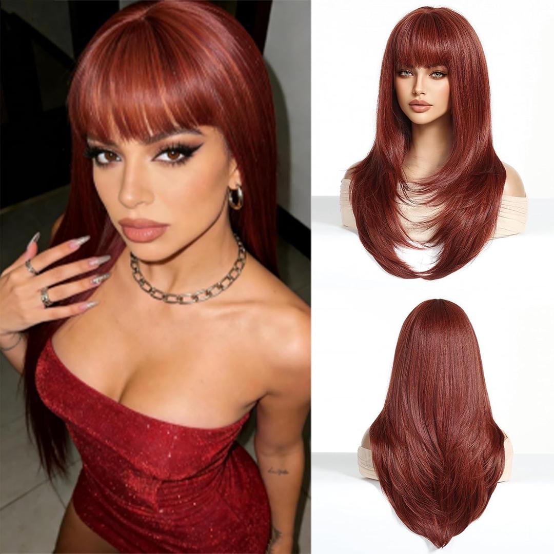 Long Red Wig with Bangs Copper Red Wigs for White Women Natural Hair Wig Layered Synthetic Wigs for Women Straight wig Hair Replacement Wigs Cosplay for Party Holiday Use 24 Inches