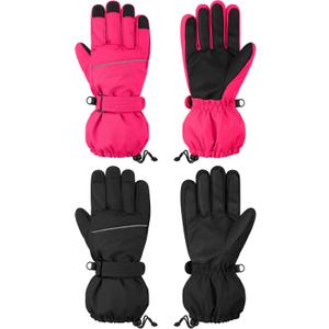 Cooraby 2 Pairs Kids Snow Ski Gloves Winter Waterproof Warm Gloves for Boys Girls Cold Weather Outdoor (3-6 Years, Black, Hot Pink)