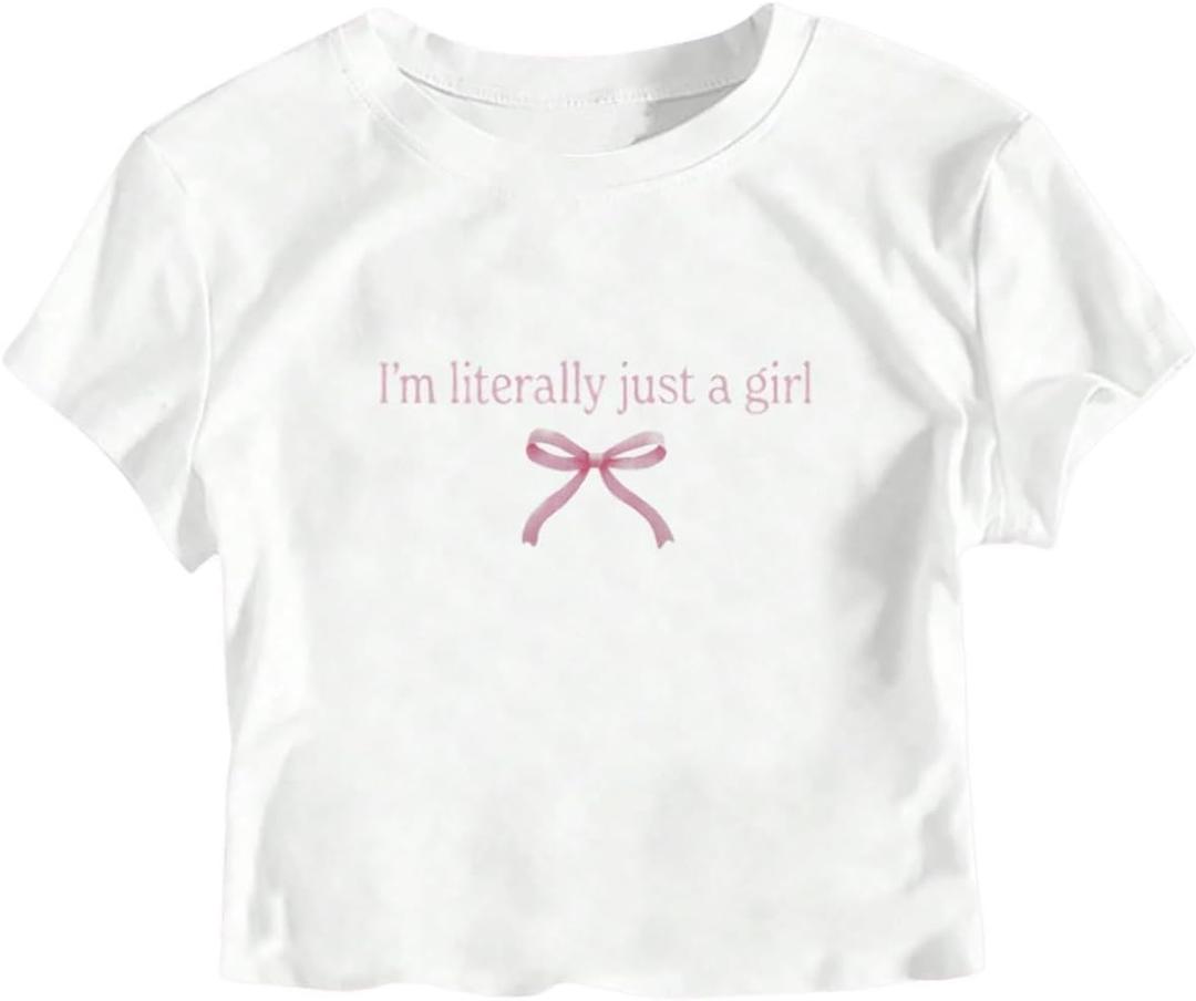 Girl's Letter Bow Graphic Tees Short Sleeve Crewneck Cute Shirts for Teen Girls Trendy (White)