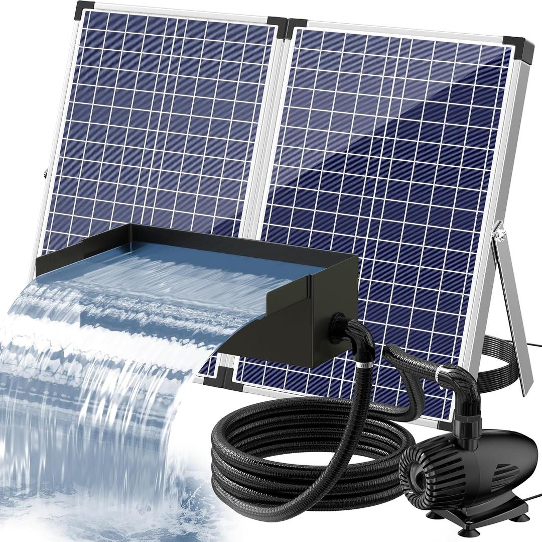 POPOSOAP 70W Solar Water Pump with Pond Waterfall Kit, 304 Stainless Steel Pond Waterfall Spillway, Pond Spillway with 9.8FT Corrugated Tubing for Garden Water Features-P5703