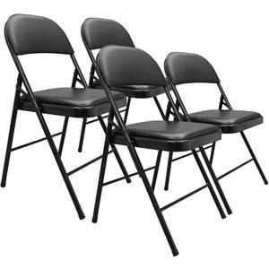 Comfortable Vinyl-Padded Metal Steel Folding Chairs for Events, Easy to Fold and Store, Black, 4-Pack