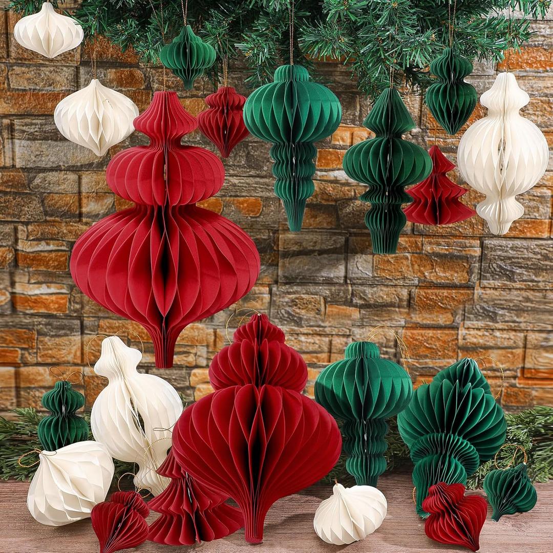 12 Pcs Christmas Large Hanging Honeycomb Balls Jumbo 3D Paper Christmas Tree Ornaments Decorative Lantern Honeycomb Decorations for Holiday Winter Xmas Party Wonderland(Red and Green)