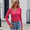 Zeagoo Womens Long Sleeve Shirts V-Neck Rib Knit Slim Fit Tops Casual Stretch Basic Tee Going Out Top Fall Fashion 2025 (Pink, M)