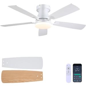 Ceiling Fans with Lights, 48 Inch Ceiling Fan with Light And Remote/APP,Low Profile Ceiling Fan with Light,DC Reversible,6 Speed Noiseless LED Ceiling Fan,White Small Ceiling Fan for Bedroom