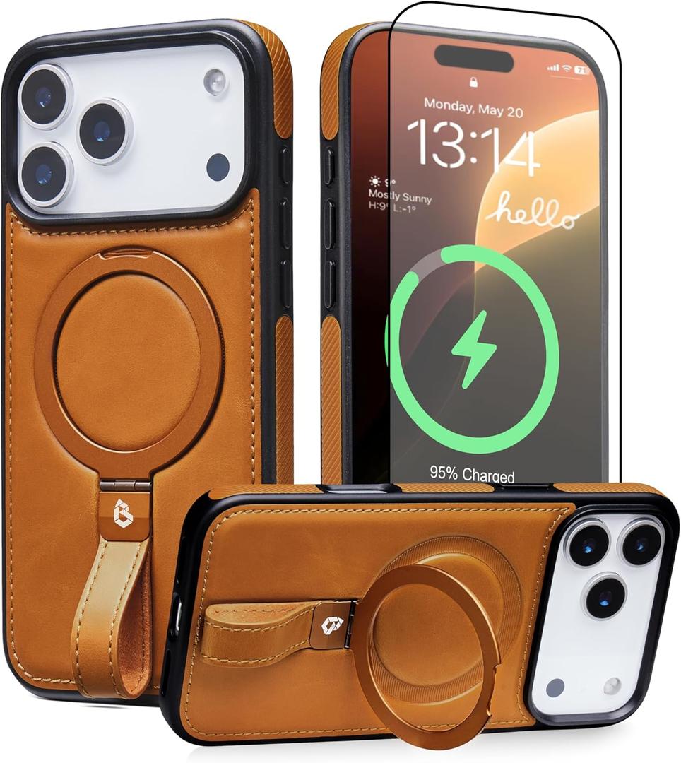 for iPhone 17 Pro Max Case Leather | iPhone 17 Pro Max Leather Case with Stand | Compatible with MagSafe with Magnetic Ring Grip Holder (Brown, IP17 Pro Max-6.9inch)