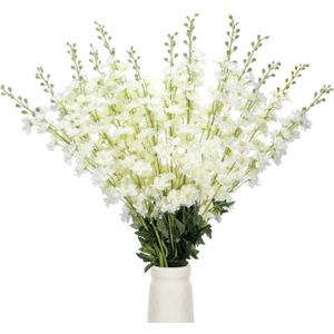 Thiccywoov 12 Pcs Delphinium Artificial Flowers, 33.5'' Long Stem Lifelike Faux Silk Flower Fake Look Real Bouquet for Tall Vase DIY Wedding Party Home Kitchen Arrangement Decor(White)