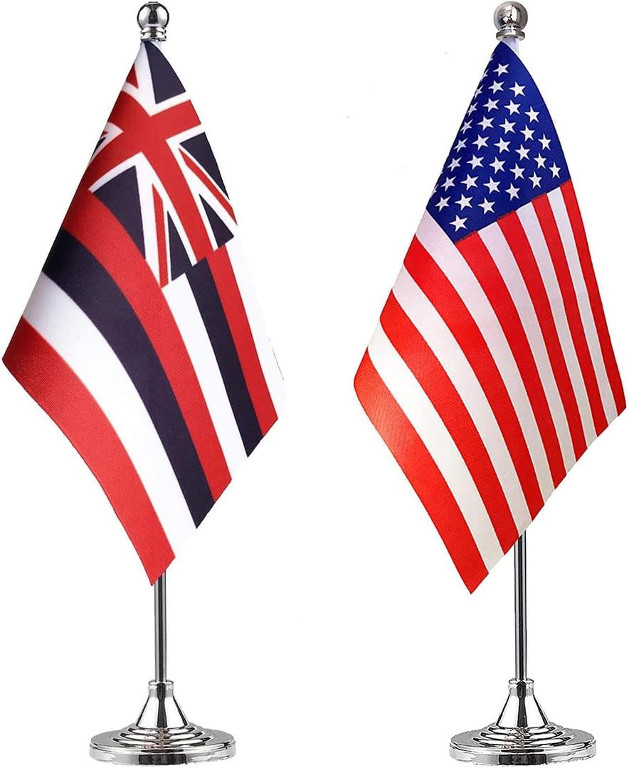 WXTWK 2 Pack American USA Hawaiian HI Desk Flag Small Mini US Hawaiian State Table Flags With Stand Base,United States State Festival Events Celebration Decorations