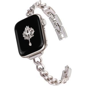 Slim Starlight Band for Women Feminine Elegant Compatible with Apple Watch 38mm 40mm 41mm 42mm (S10) Adjustable Metal Strap Dressy Chain Bracelet for iWatch Series 10/9/8/7/6/5/4/3/2/1/SE, Starlight 
