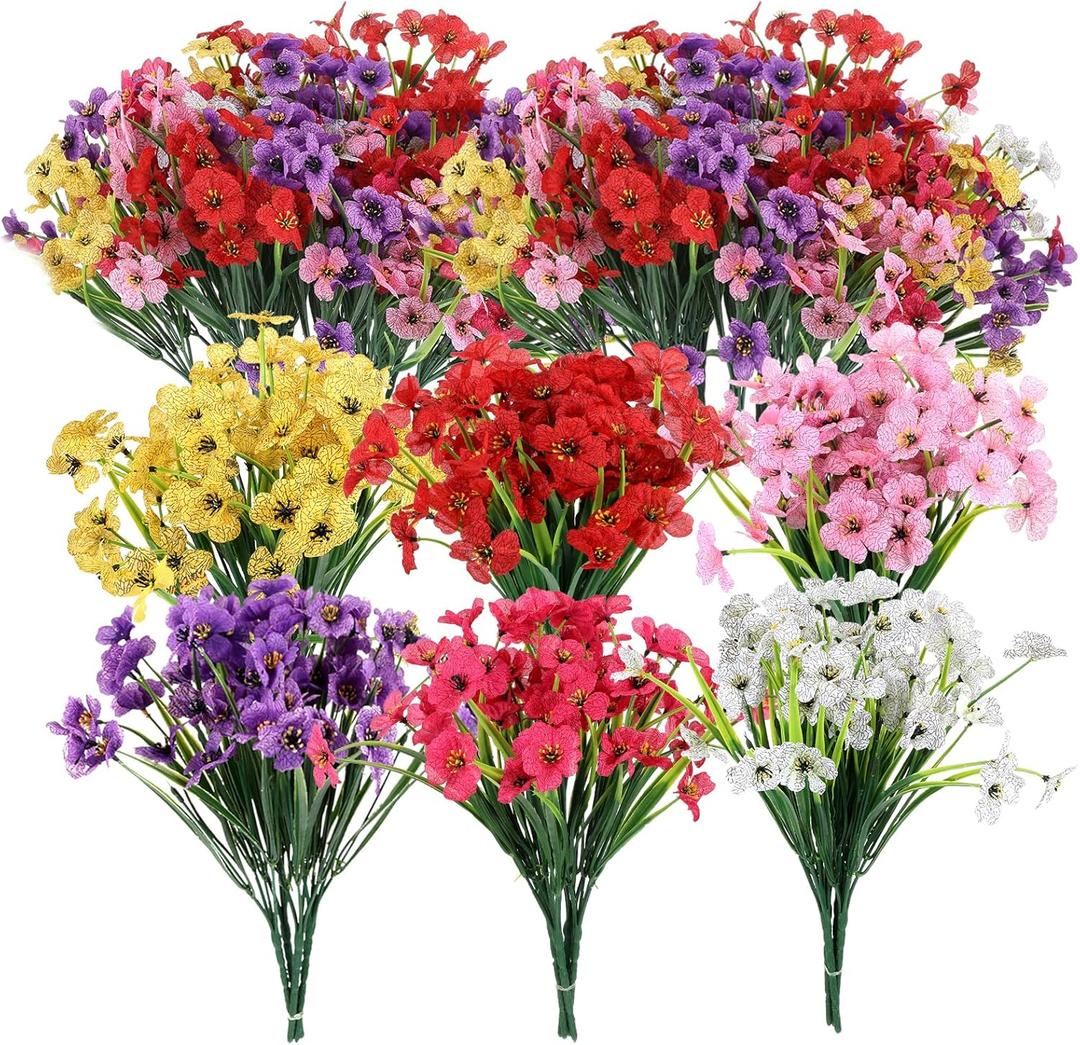 DIVINA VITAE 24Bundles Artificial Flowers Faux Plants Bulk, Plastic Hanging Flowers for Outdoors, No Fade False Violet Flower for Outdoor Garden Porch Window Porch Flowerbowl Decoration(6 Colors)