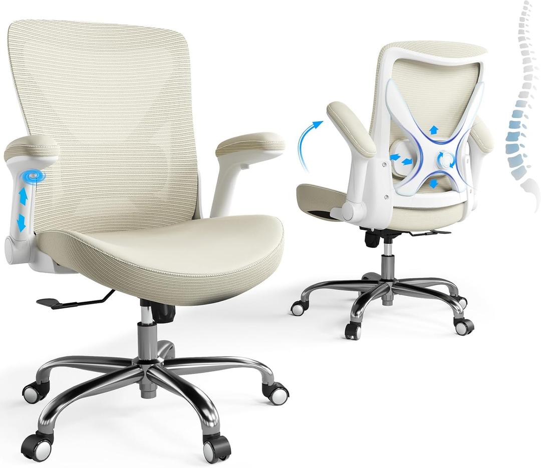 Office Home Ergonomic Desk Chair-Computer X-Shaped Chair Mesh PU Leather with Adjustable Lumbar Support-Executive Chair High Back Flip-Up Arms for Long Hours (Beige-No Headrest)