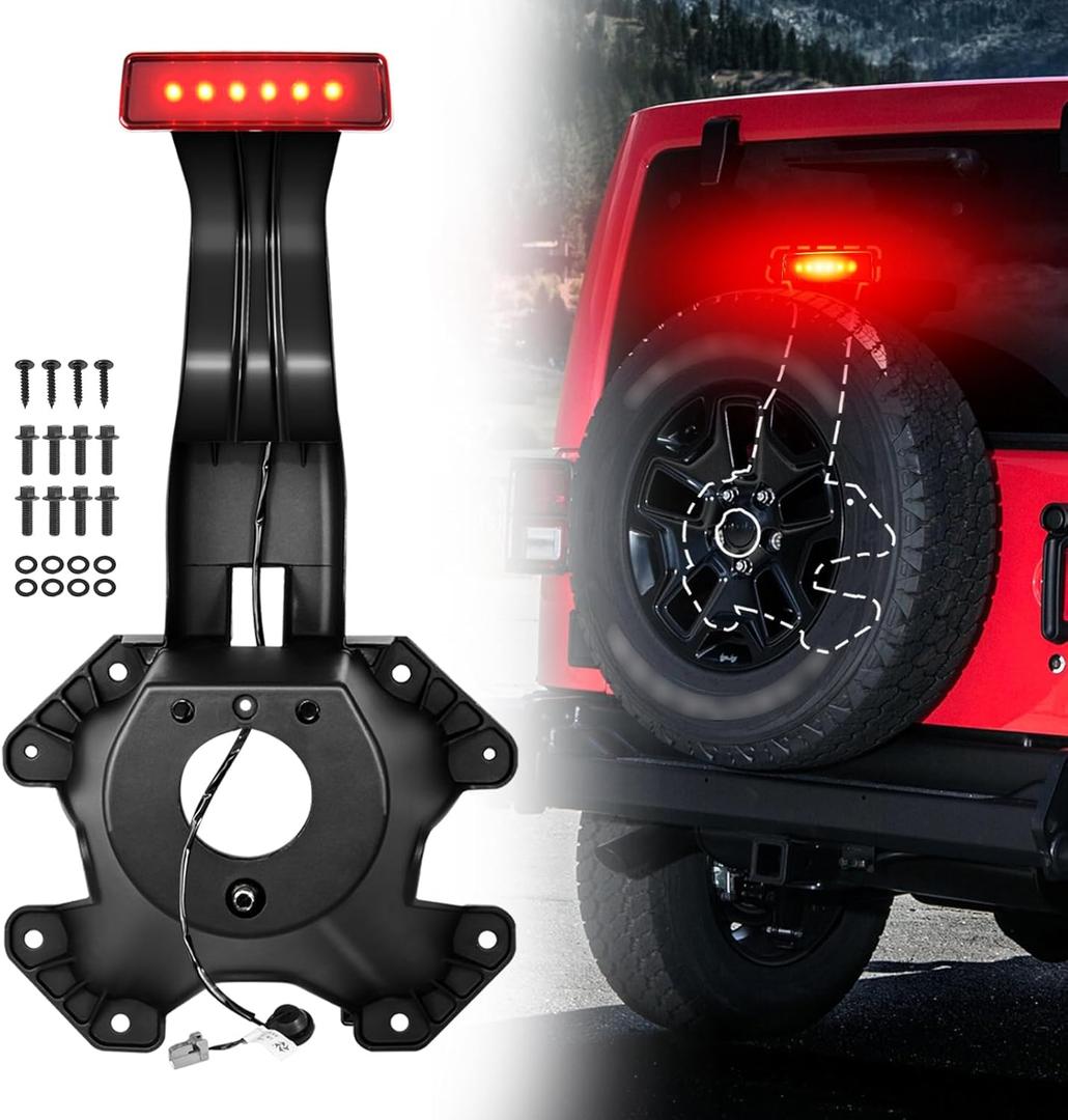 Spare Tire Holder Bracket with 3rd High Mount Brake Light & Wiring Harness, Screws Compatible with Jeep Wrangler JK 2007-2018 Tire Carrier Rack Replace# 55397217AJ, 68048581AA (Red Lens)