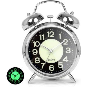 AYRELY Super Loud Alarm Clock for Heavy Sleepers Adults,Twin Bell Retro 4 Inch Silent Non-Ticking Quartz with Backlight, Luminous dial, Alarm Clocks for Bedrooms Bedside (Silver)
