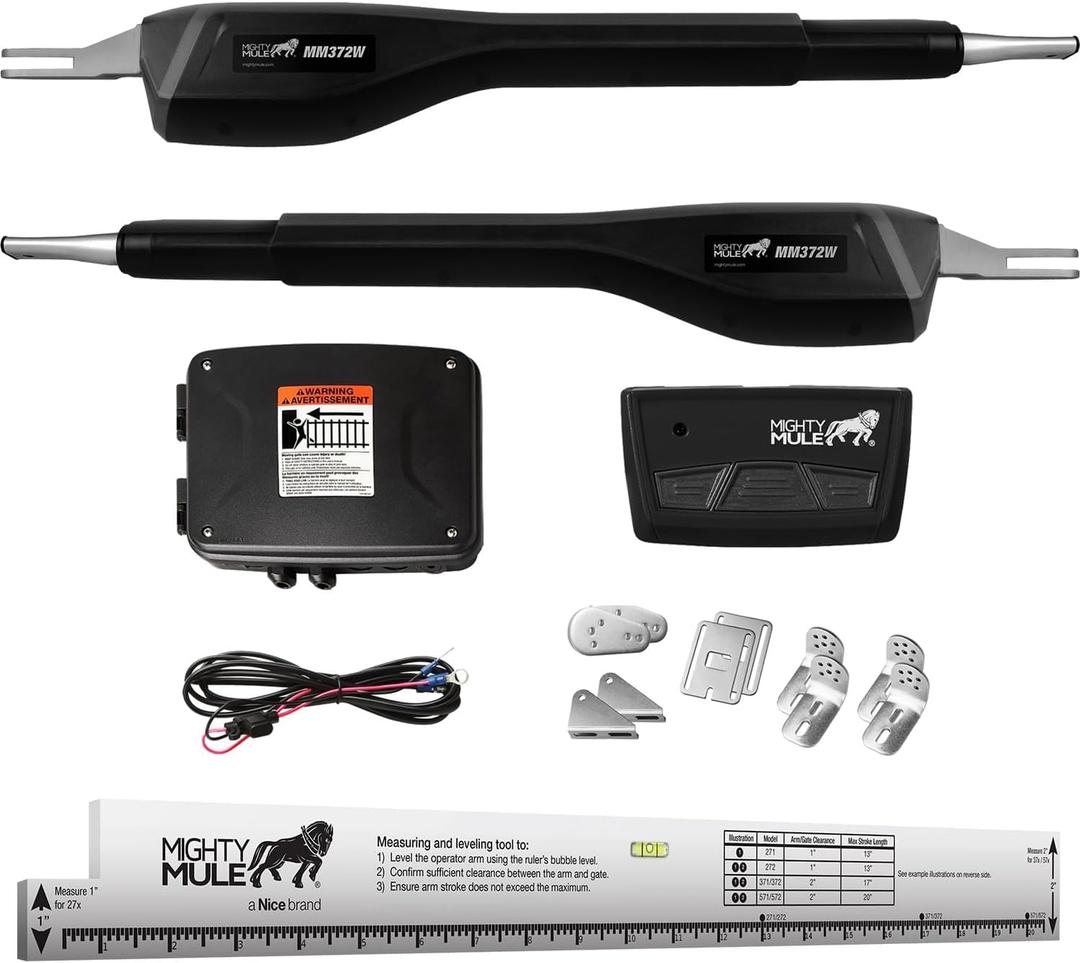 Mighty Mule MM372W-A Dual Gate Opener, Smart and Solar Ready, Includes Gate Opener Installation Ruler and More, Up to 16ft Long or 550lb per Leaf, Upgraded Gate Opener Kit