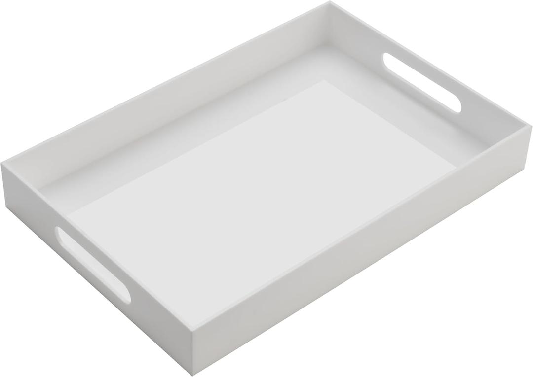 KEVJES Glossy White Acrylic Serving Tray with Handles-Butler Trays for Coffee Table, Snacks,Breakfast in Bed, Kitchen Countertop,Vanity,Makeup Organizer,Ottoman (White, 10x15 Inches)