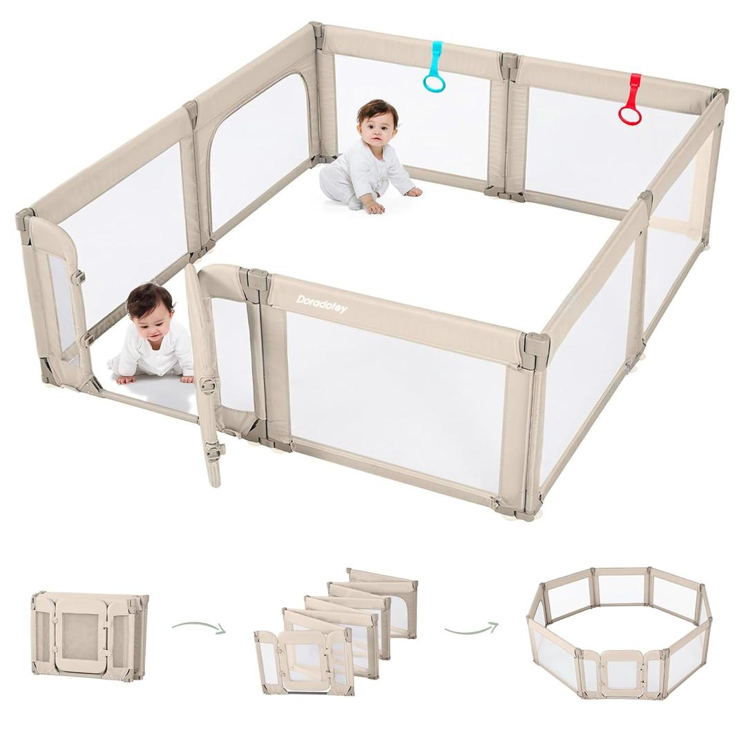 Doradotey Baby Playpen with Walk-in Door, Foldable Adjustable 8-Panel Play Yard for Babies & Toddlers, Large Safety Playpen with 360° Breathable Mesh, Anti-Slip Suction Cups, Indoor