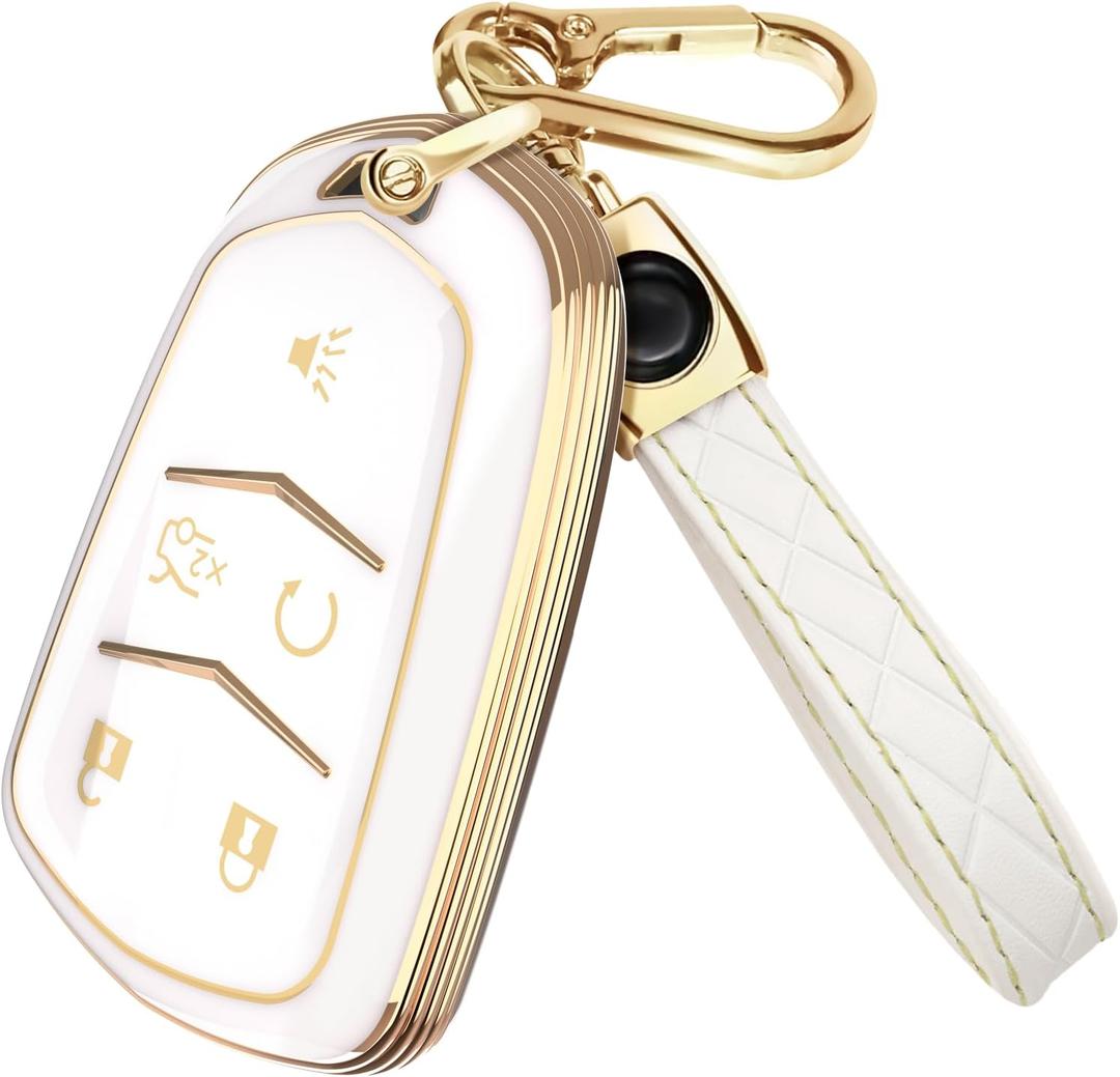 Lucrum Compatible with Cadillac Escalade Key Fob Cover & Leather Keychain, 5 Buttons Keyfob Case for ATS CTS CT6 SRX XT4 XT5 XT6 - (2015-2023) - White and Gold