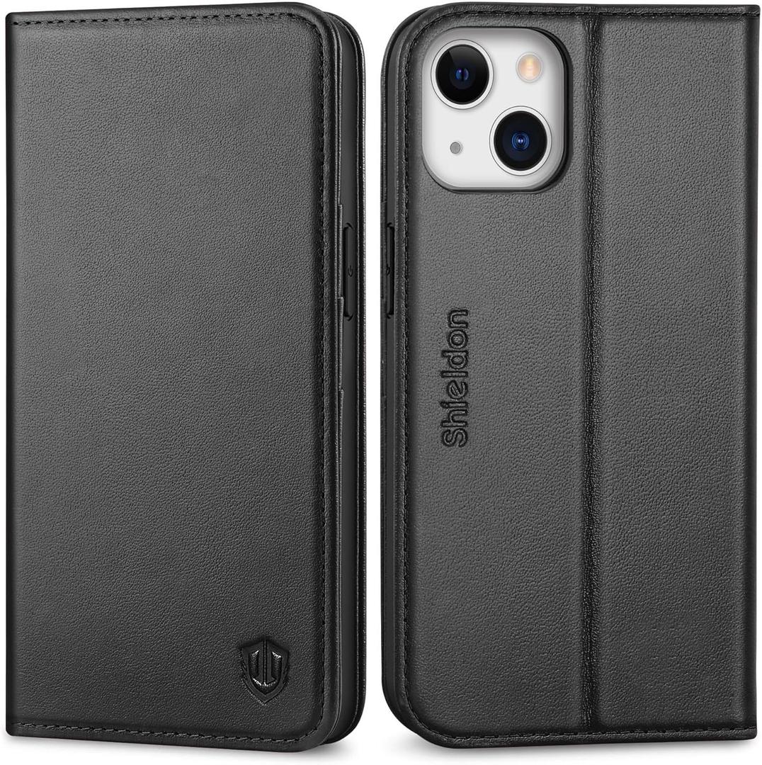 SHIELDON Case for iPhone 13, Genuine Leather Wallet Case with Kickstand RFID Blocking Credit Card Holder Shockproof Full Protection Magnetic Cover Compatible with iPhone 13 5G 6.1" - Black