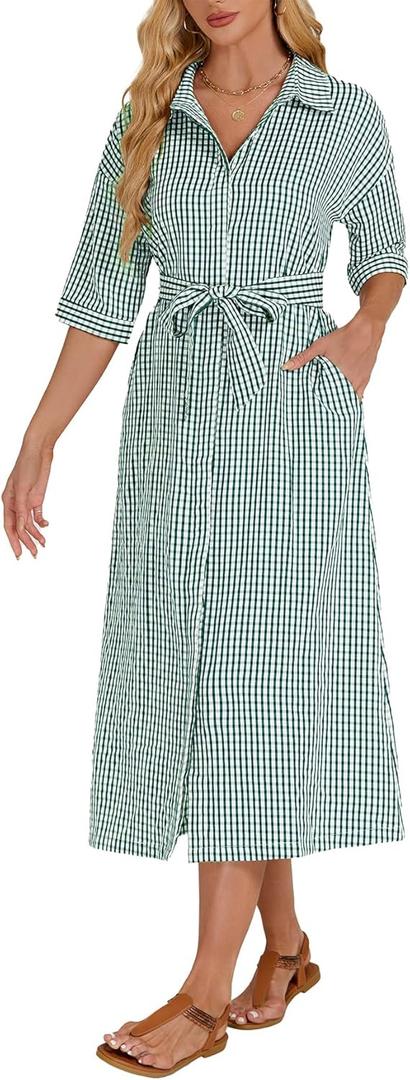 Women's Half Sleeve Plaid Maxi Dress 2026 Spring Summer Gingham Casual Button Down Long Loose Belted Dress (Small, Green)