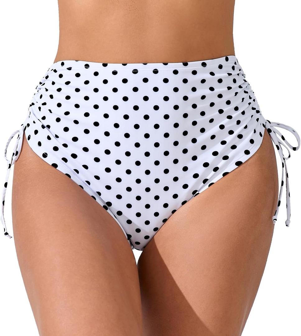 JOYBIK Women's High Waisted Full Coverage Bikini Bottoms Tummy Control Adjustable Drawstring Swim Bottoms White Polka Dot 2XL