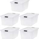 IRIS USA 68 Qt Stackable Plastic Storage Bins with Lids, 5 Pack - BPA-Free, See-Through Organizing Solution, Latches, Durable Nestable Containers, Secure Pull Handle, Made in USA - Clear