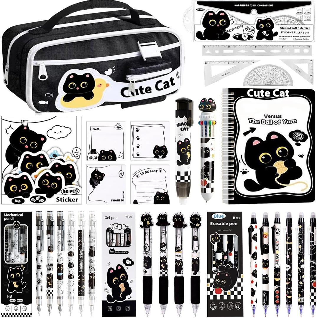 Black Cute Cat Stationery Set Cat School Supplies Including Sticky Notes,Mechanical Pencils,Eraser,Notebook,Stickers, Ruler etc Kawaii Birthday Gifts Classroom Rewards