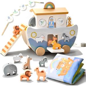 Wooden Noah's Ark Pull Along Toy with Bible Story Cloth Book - Montessori Sorting Set for Toddlers - Religious Baptism Gift for Boys & Girls -Christian Preschool Learning Toy for Kids