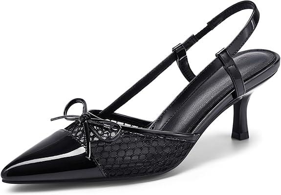 Coutgo Women‘s Bow Tie Slingback Pumps Pointed Toe Kitten Low Heel Patchwork Dress Heeled Sandals Size 6 ( Black )