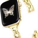 Newlibery Gold Slim Metal Band Women Compatible with Apple Watch 38mm 40mm 41mm 42mm(S10/11) Paperclip Link Chain Bracelet Adjustable Dressy Fancy Strap for iWatch Series 11 10 9 8 7 6 5 4 SE 3 2 1