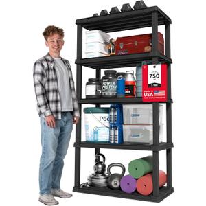 IRIS USA 5-Shelf Heavy Duty Plastic Storage Shelves, 750lb Capacity, 73" H x 36" W x 18" D, Large Modular Shelving Unit Storage Organizer for Garage, Home, Warehouse & Gym, Storage Rack - Black, 5 Tier | 18"d X 36"w X 73"h