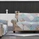 Brilliant Sunshine Blue and Green Rose Patchwork Couch Cover, Quilted Large Sofa Slipcover, 70" Seat Width, Slip Resistant Furniture Protector, 2" Strap, Washable Couch Cover for Kids, Dogs,Blue Green