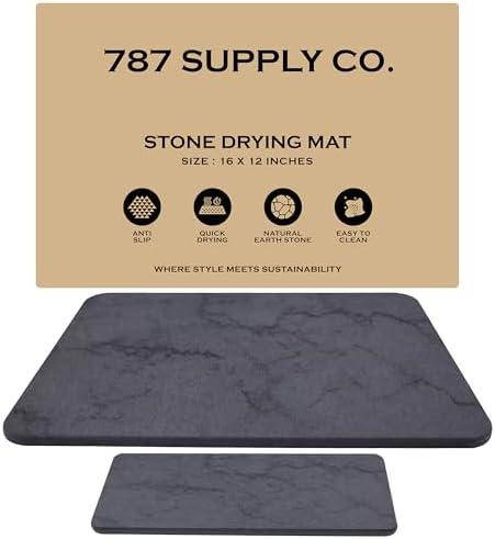 J.B Large Stone Drying Mat for Kitchen Counter - Quick Dry Stone Mat with Sink Caddy, Ultra Absorbent Dish Drying Stone for Kitchen Counter and Bathrooms, 16 x 12 Inch, Dark Gray/Black Marble Finish