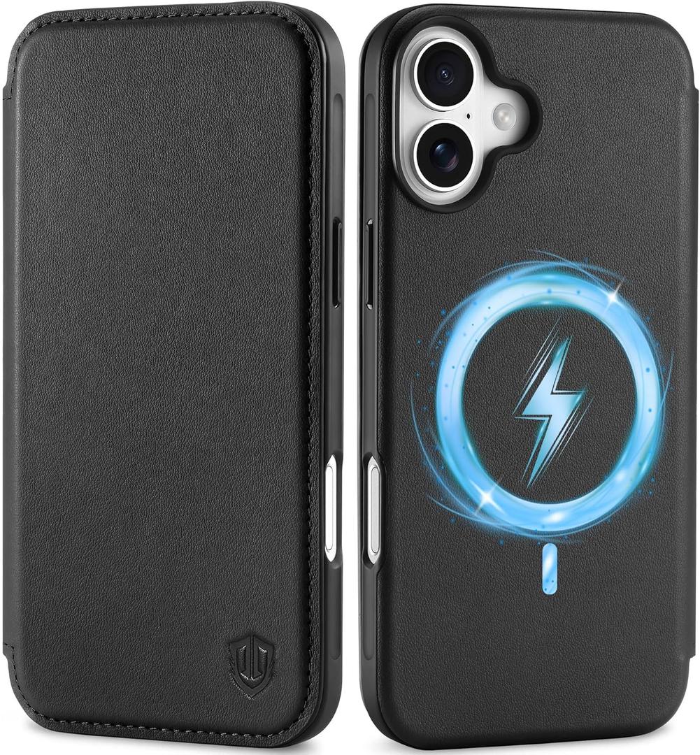SHIELDON Case for iPhone 16 6.1", Genuine Leather Wallet Slim Magnetic Wireless Charging Folio RFID Blocking Credit Card Holder Full Protection Cover Compatible with iPhone 16 5G 2024 - Black
