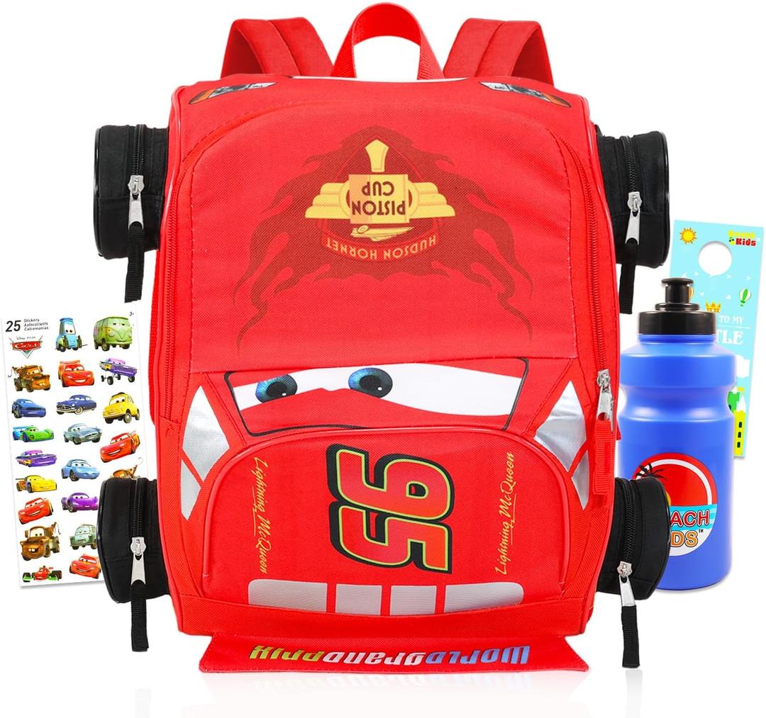 Disney Cars Mini Backpack for Kids - Bundle with 14 Lightning McQueen Backpack with Water Bottle, Stickers, More | 3D Lightning McQueen Travel Bag Set for Girls, Boys