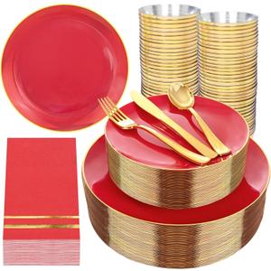 NOCCUR 350PCS Red Plastic Plates - Disposable Red Gold Dinnerware Set for 50 Guests, 100 Dinner/Dessert Plates, 150 Gold Silverware, 50 Cups&50 Napkins for Party/Wedding/Valentines Day