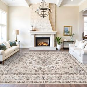Washable 9x12 Large Area Rug: Non-Slip Stain Resistant Living Room Rugs Vintage Lightweight Durable Bedroom Carpet Soft Medallion Farmhouse Floor Mat for Dining Room Home Office 9x12 Beige/Cream