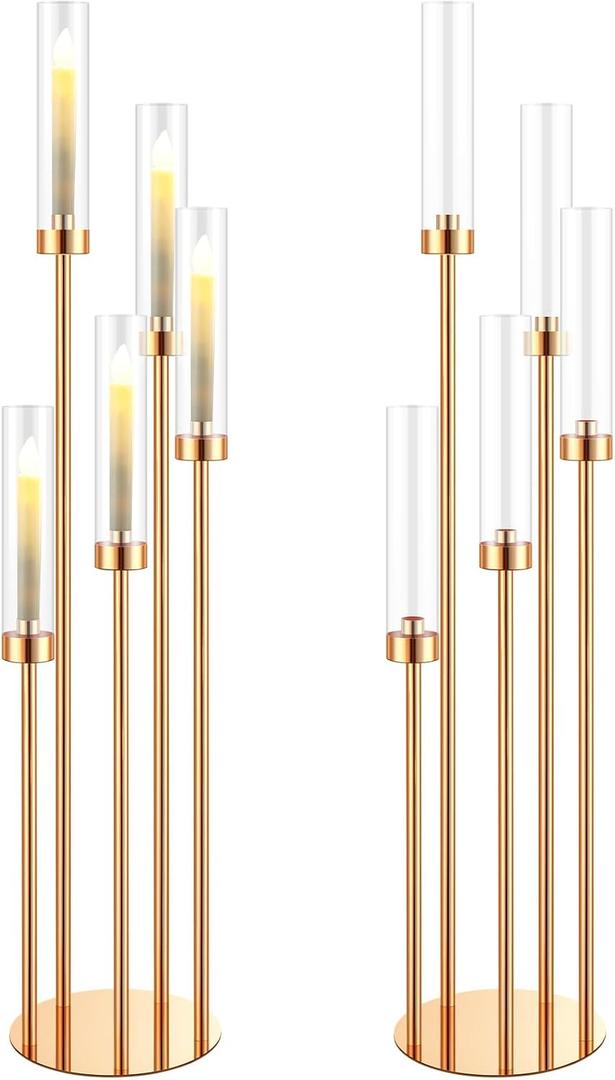 Tessco for you 5 Arm Candelabra Centerpieces for Tables 42.5'' Tall Floor Candle Holder Metal Candlestick Stand with Acrylic Lampshade for Wedding Holiday Birthday Party Decor(Gold,2 Set)