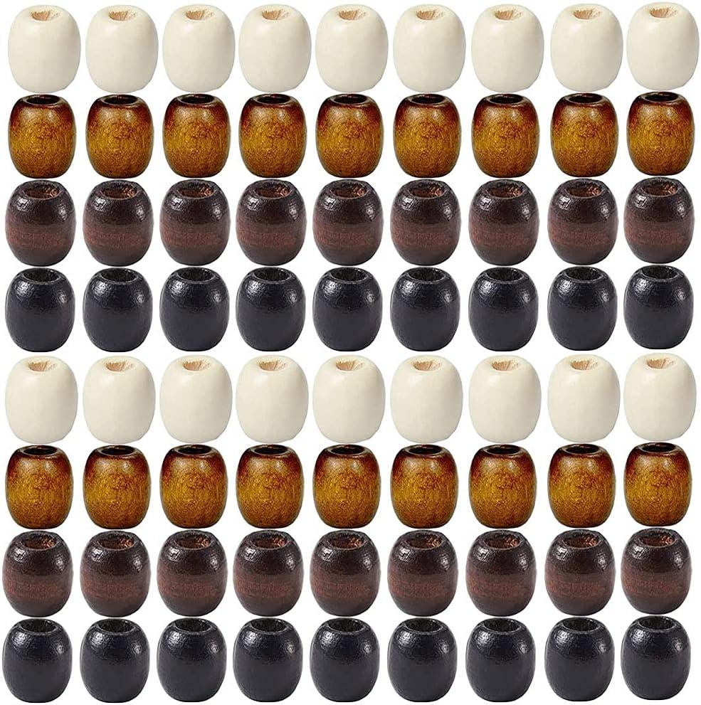 200Pcs Large Hole Barrel Wood European Loose Beads 4 Colors Natural Wooden Dreadlock Hair Braid Beads for Hair Braids Jewelry Bracelet Necklace Making 16x16-17mm
