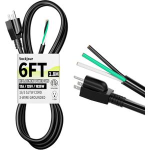 Vockjour 6 ft 16/3 Appliance and Power Tool Cord, 16 AWG 3 Prong Black Replacement Power Cord with Open End, NEMA 5-15P, 125V AC Pigtail, 13A 1625W, ETL Listed