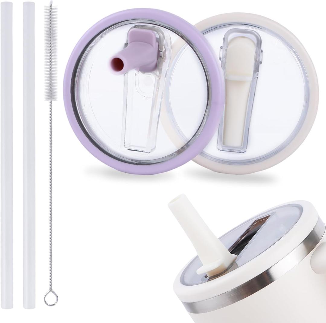 2 Pack 30 oz Flip Straw Leak Proof Lid for Stanley Quencher H2.0, Spill Proof Tumbler Lid Replacement 30 oz, BPA Free Reusable No Spill Straw Lid for Stanley Accessories (Cream & Purple)