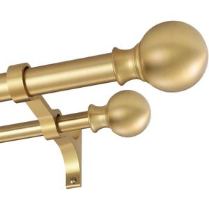 Double Curtain Rods 36-72 Inches with Round Finials, 1 Inch Heavy Duty Drapery Rod with Unique Aluminum Alloy Brackets for Windows, Sliding Door, Patio, Bedroom, Living Room Decoration, Brushed Gold