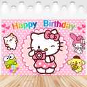 Cartoon Birthday Decorations, Cute Pink Cat Backdrop, Banner Shoot Photo Backgrounds Props, Birthday Party Supplies for Girls (5x3ft)