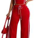 Women's 2 Piece Summer Outfits Strapless Striped Crop Top & High Waist Wide Leg Pants Set Casual Outfit (Red, XS)