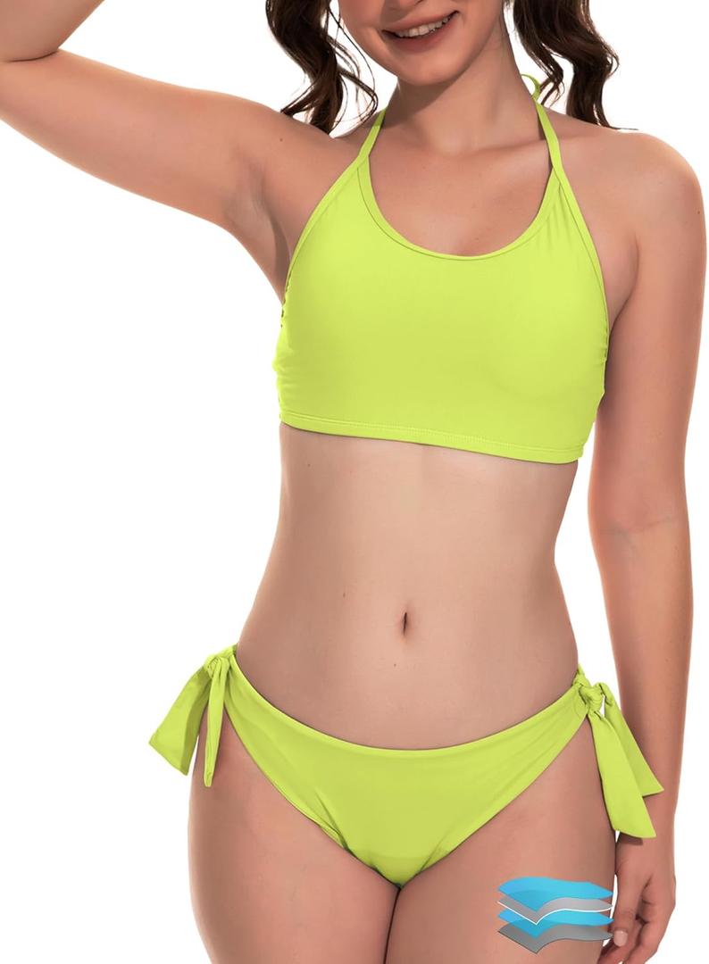 Beautikini Period Swimwear for Teens Two Piece Menstrual Leakproof Swimsuit Halter Bikini Set Bathing Suits for Girls Women (Yellow, M)