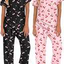 Ekouaer 2 Pack Womens Pajamas Sets Short Sleeve Tops and Capri Pants Pjs Colorful Printed Sleepwear Sets, XL