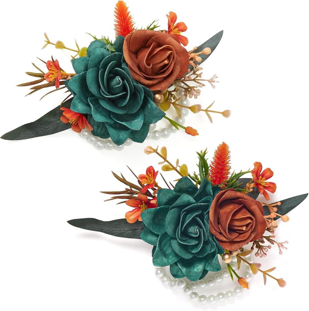 Serwalin 2 Pcs Wrist Corsage, 6-7 Inch Teal Orange Corsage for Wedding, Bridesmaid Mother Grandmother, Artificial Flowers for Prom Ceremony Anniversary